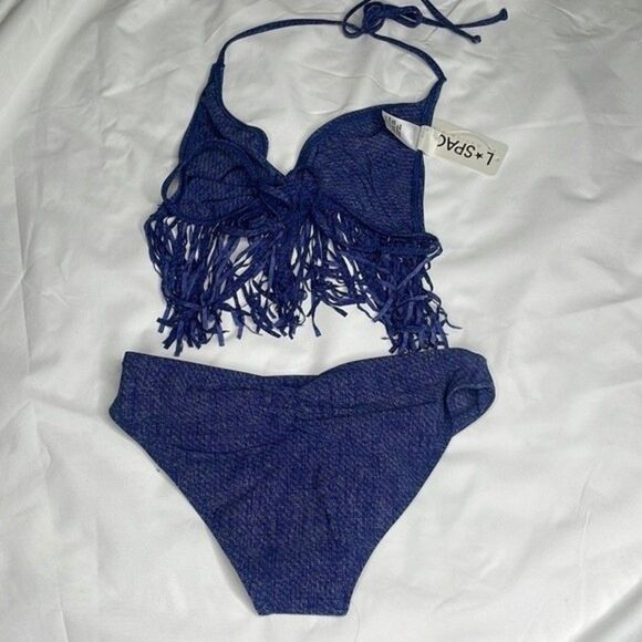 L*Space Womens Size XS Denim Fringe Bikini Set Top & Bottoms - Picture 6 of 11